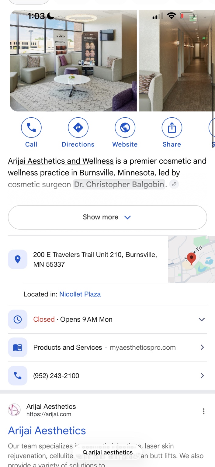 Google Business listing showing Products and Services linking to myaestheticspro.com