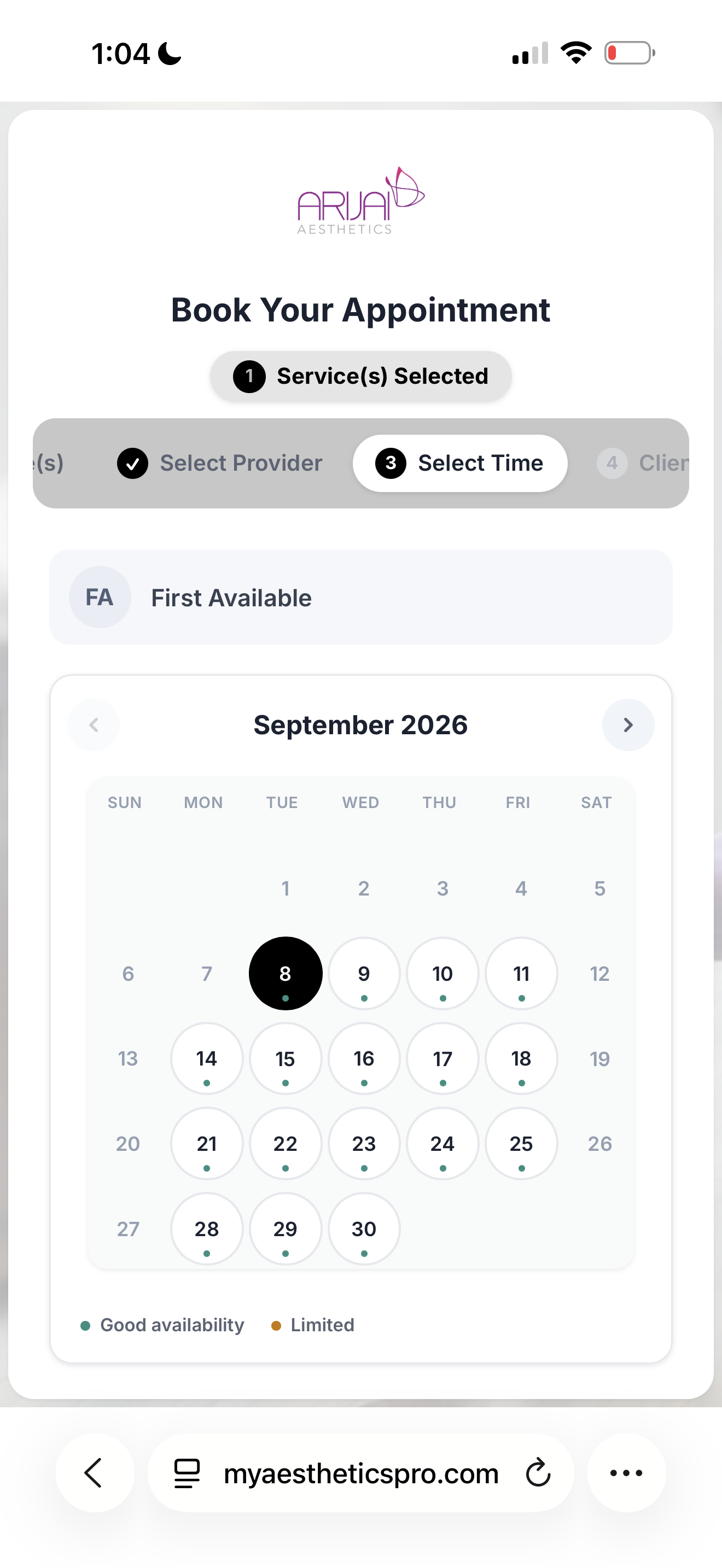 ARiJAI mobile booking calendar on myaestheticspro.com